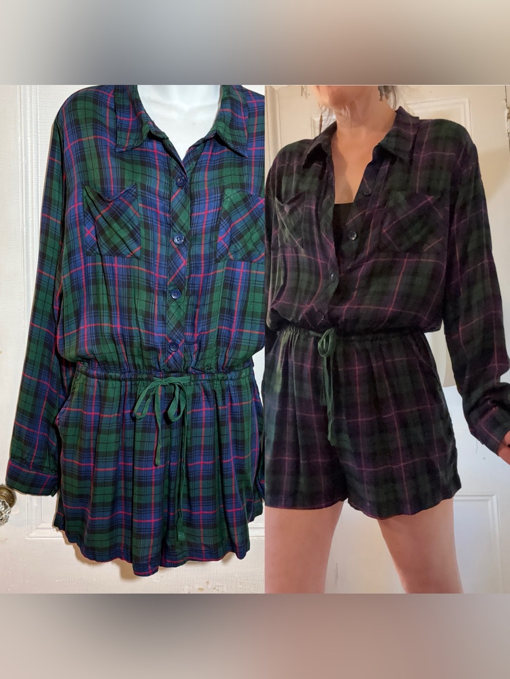 Yarn dyed plaid long sleeve rayon mini short jumpsuit large vintage Forever 21